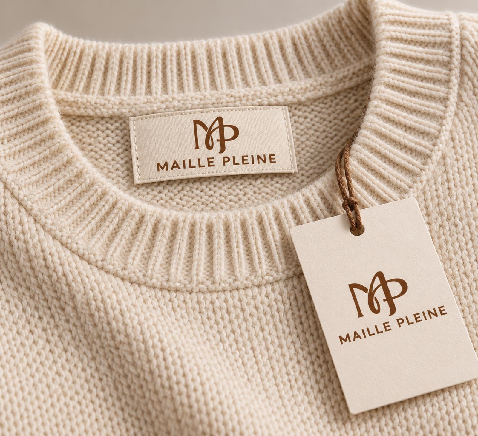 Étiquette et étiquette-cadeau Maille Pleine sur une maille écrue